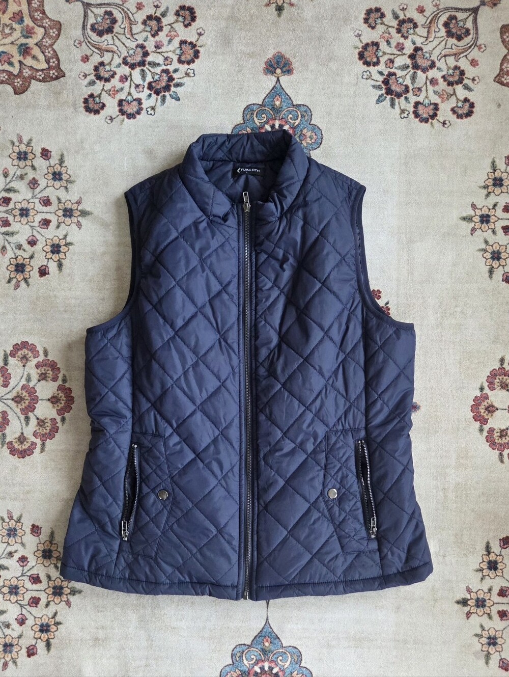 Navy Quilted Zip-Front Sleeveless Vest- Size M